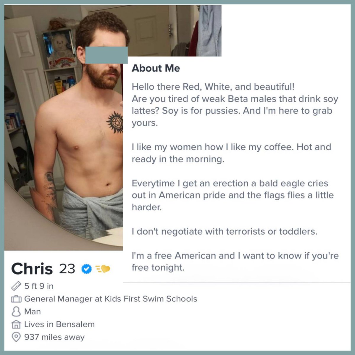 ask_aubry's tweet photo. Dude: Dating is so easy for women. Just pick one of hundreds of Nice Guys™ on the app.

And what's on the app: Chris https://t.co/X4RftlZLi3
