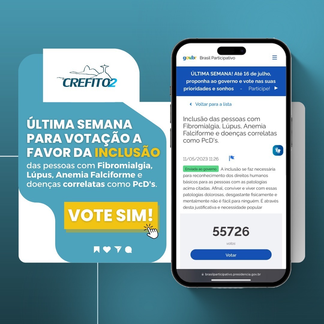 Crefito2's tweet photo. Governo federal quer saber sua opinião. Portadores de Fibromialgia, Lúpus, Anemia Falciforme e doenças correlatas devem ser consideradas como PcD's? Vote SIM!

Vote até o dia 16 de julho pelo link:https://t.co/EMKVLDhHkF

#Crefito2 #JuntosSomosMaisFortes https://t.co/9vfacdyOPK