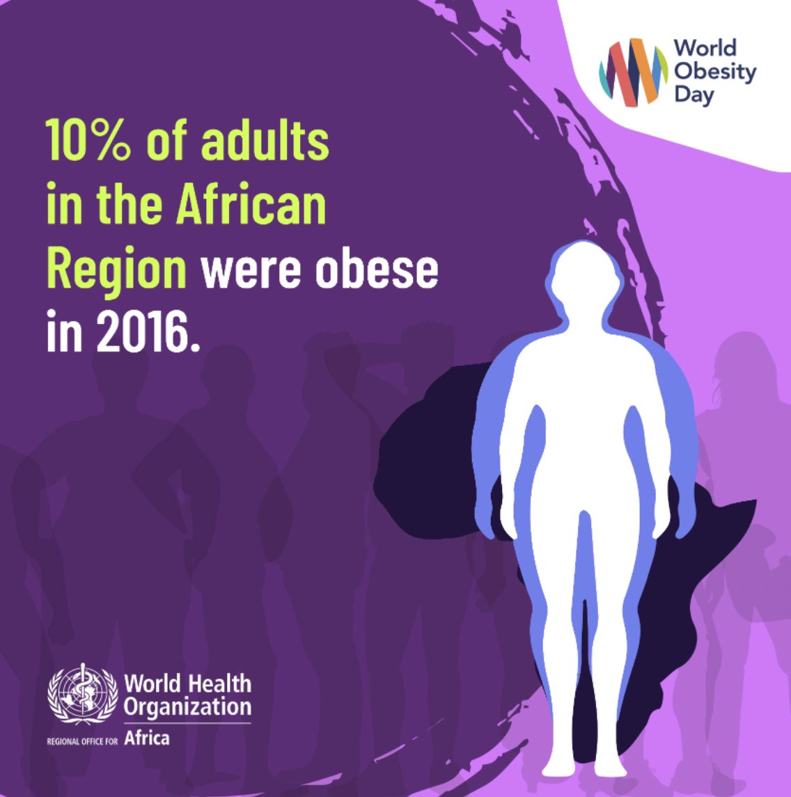 #Obesity could increase the risk of diseases. Make lifestyle choices to #BeatNCDs:

✔️ limit total fat intake, free sugars &amp; salt 🚫
✔️ increase intake of fruit, vegetables &amp; legumes 🍊
✔️ Stay physically active 🧘🏿‍♀️