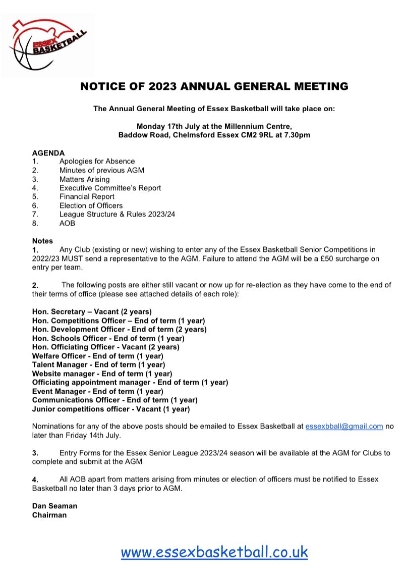 It's the Essex Basketball Annual General Meeting on Monday 17 July 2023. Details as per the notice.  All welcome.