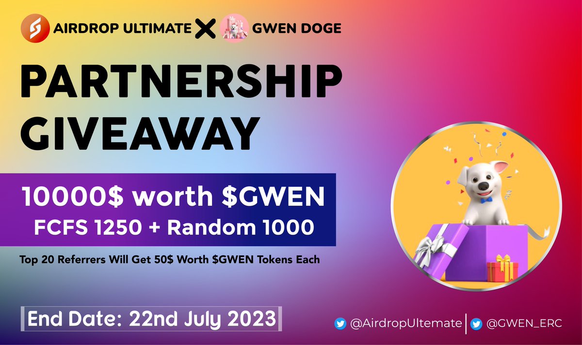 🥳 GWEN Doge X Airdrop Ultimate #Giveaway 

🏆 Prize Pool «» 10,000$ worth $GWEN

✅ Follow <a href="/AirdropUltemate/">Airdrop Ultimate</a> &amp;
<a href="/GWEN_ERC/">GWEN Doge</a> 
✅ Like, RT &amp; Tag 3 Friends
✅ Complete #Gleam⤵️
gleam.io/3Ykjb/gwen-dog…

⏳ Ends 22nd July

#GWENDoge #Airdrop #Giveaway #Crypto $GWEN #ETH #GWEN