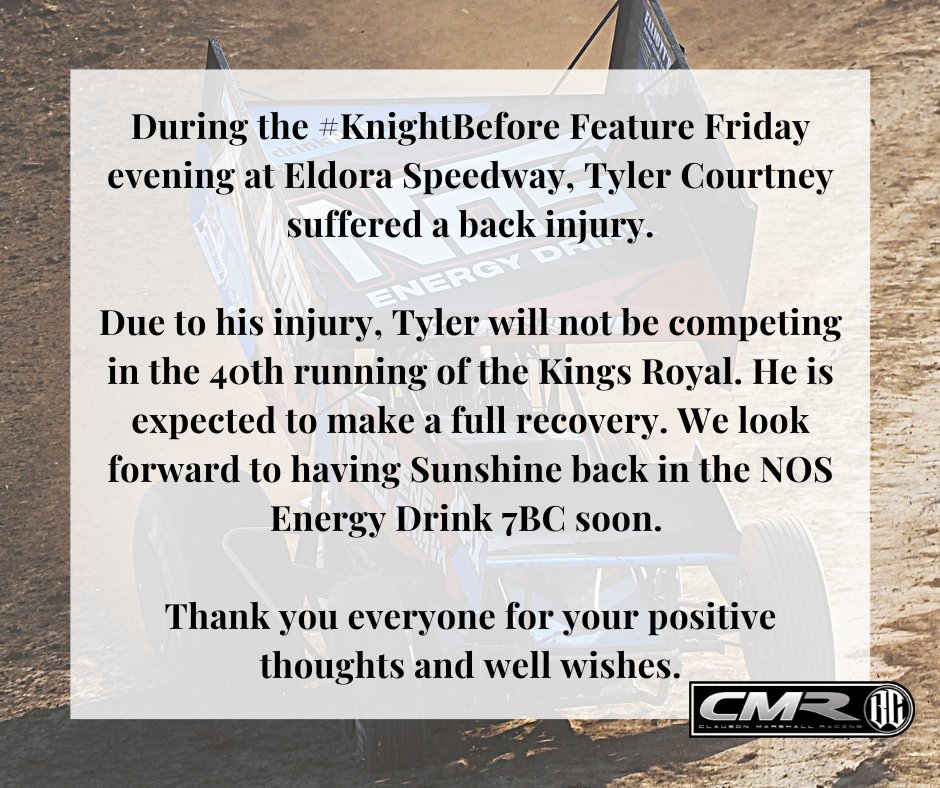 ClausonMarshall's tweet photo. Update on @TyCourtney7BC and the @NosEnergyDrink #7BC 

Thank you to all of the fans and drivers who have kept our team and Sunshine in your thoughts! https://t.co/HXkWsGGInQ