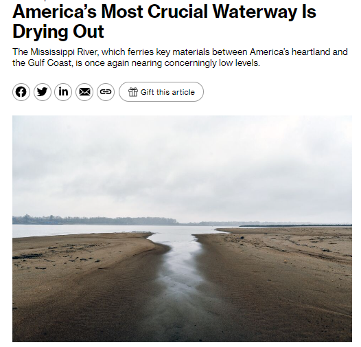 GrainStats's tweet photo. 🌊Water levels on the Mississippi and Ohio rivers are falling for a second straight year, raising the prospect of shipping problems along the all-important US freight routes ⚠️

Is this concerning? 🤔

Absolutely, the inland waterway system of the US is a major freight route that moves many agricultural commodities such as corn, wheat and soybeans 🌽🌾🌱

How do low water levels effect shipping? ♒

When low water levels persist, you cannot load river barges to their maximum capacity because you risk the barge or vessel becoming grounded ⚓️⬇️

Basically, that means your barge hits the bottom of the river and gets stuck and possibly damaged 🚧⛴️ 

No one wants that 🙅

How is this averted? ⚠️

You simply load less tonnage of the commodity you are shipping on the barge 🏗️⬇️⛴️

Since you can't load as much weight on the barge, the costs of shipping go up, because more barges are needed to ship goods down the river 🚢 💵⬆️