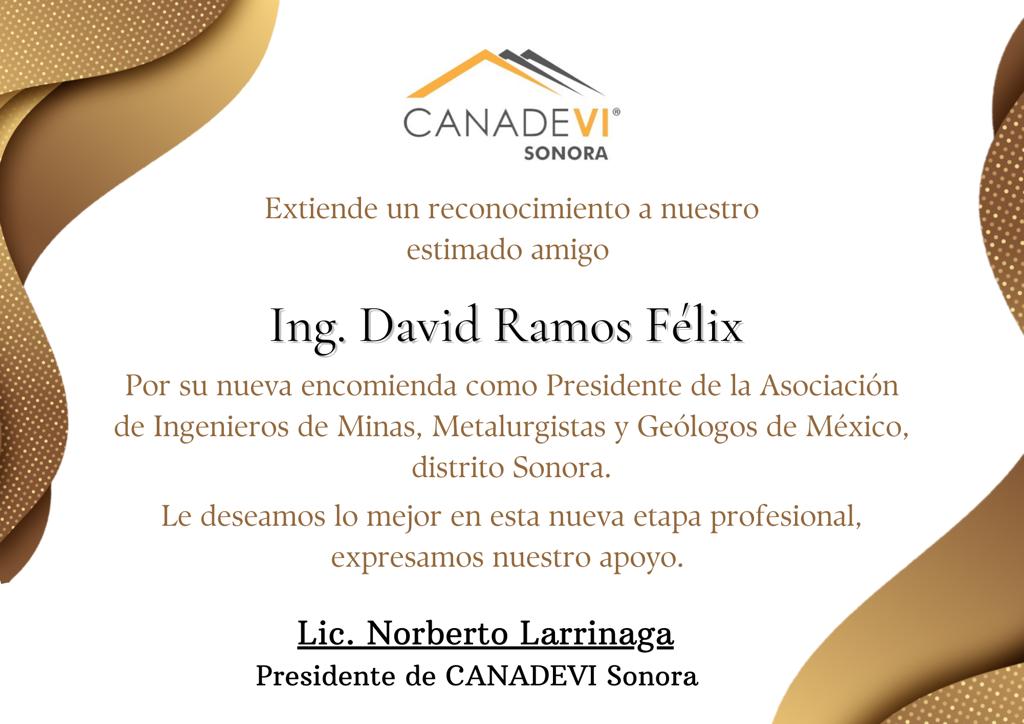 CanadeviSonora1's tweet photo. Una felicitación por el nombramiento como nuevo Presidente de @AIMMGMSonora 👷‍♂️👷‍♀️⚒️ al Ing. @DavidRamosFeli
y a los integrantes del Comité Directivo por el periodo 2023-2025, se les desea el mejor de los éxitos y seguir fortaleciendo el sector minero, un fuerte abrazo. https://t.co/KgFvzH2Fed