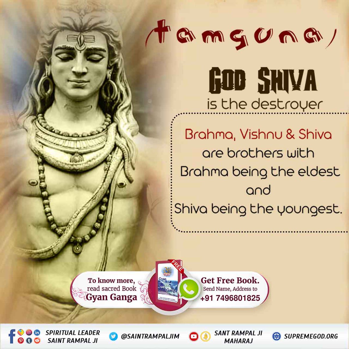 Deepa95320366's tweet photo. Tamogun God Shiva is the destroyer Brahma, Vishnu and shiv are brothers with Brahma being the eldest and Shiva is the youngest. 
#SpiritualMessageOnShivratri
- Gyan Ganga
@SaintRampalJiM https://t.co/CBBgEj4msF