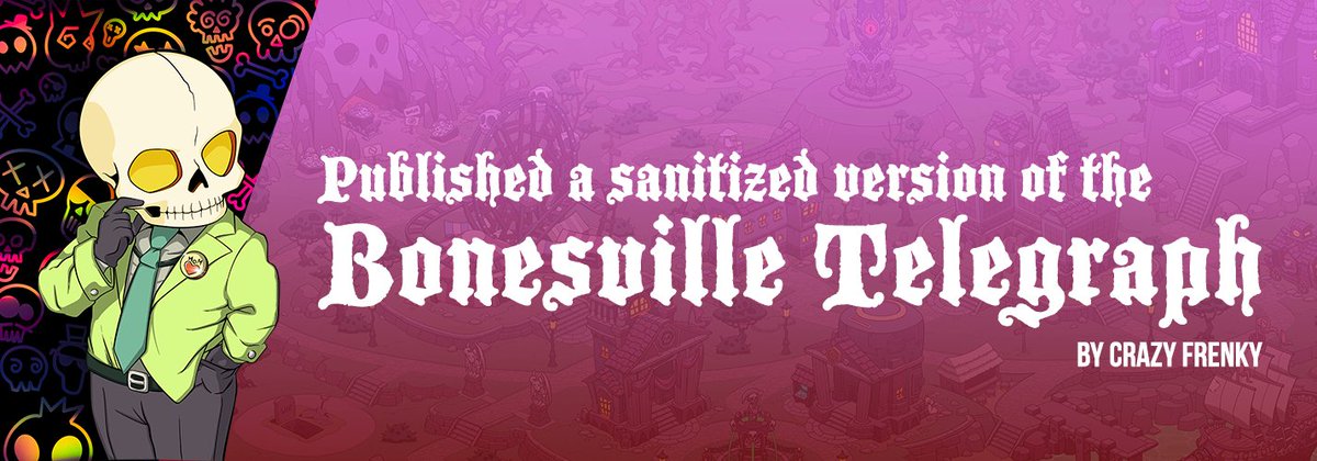 CroskullNFT's tweet photo. π₯ Here we go.
ποΈ The weekly edition of the Bonesville Telegraph has finally been unveiled to all citizens.
π Don't miss it, read it at: https://t.co/RVjrVsgmbI
#ProjectKimera #CronosChain #CronosNFT #crofam https://t.co/RkOSPBEJSM