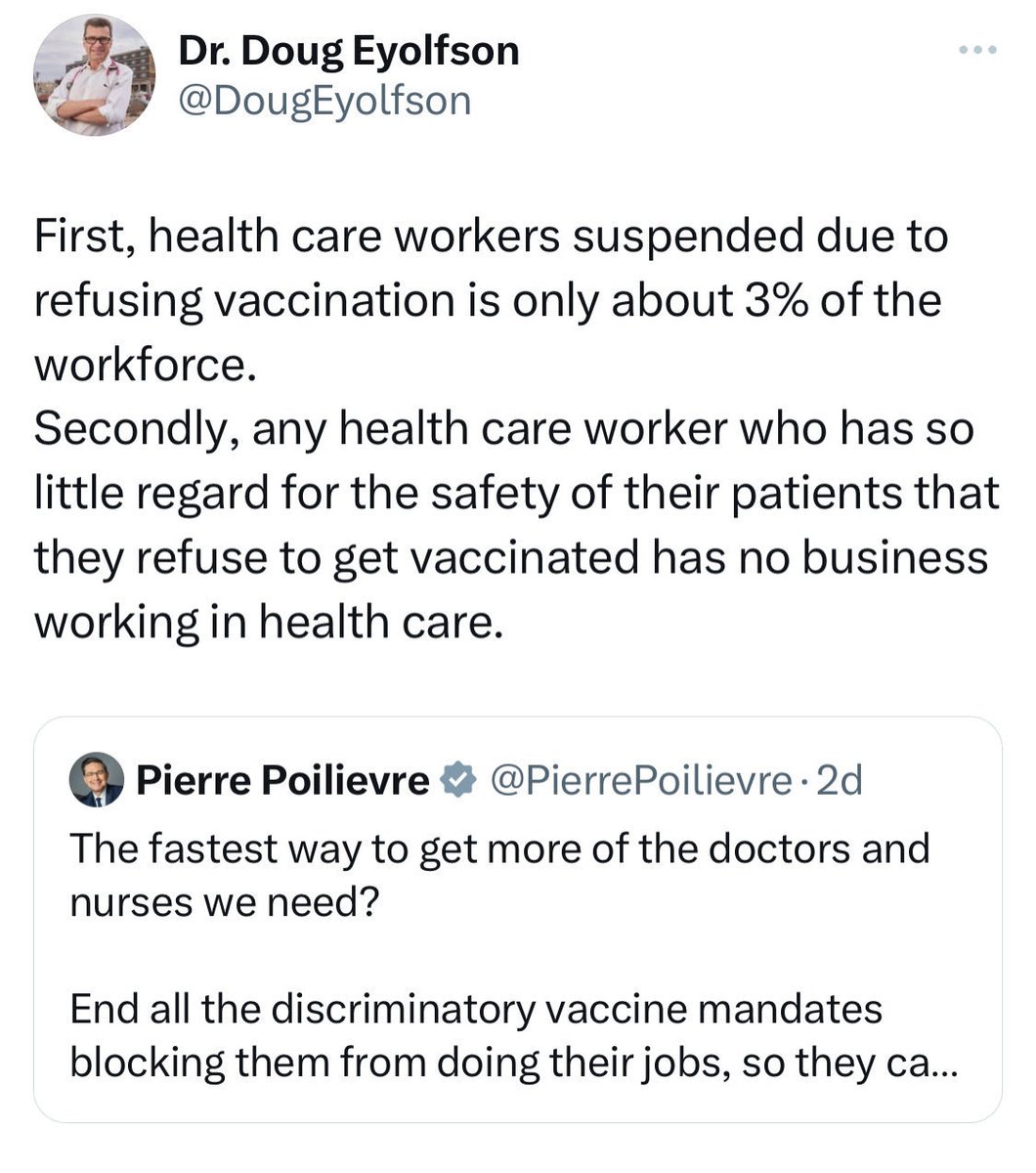 DougEyolfson's tweet photo. The replies to this post range from ill-informed to threatening. Pierre Poilievre and the CPC are promoting disinformation that has actually killed people. If elected to government, they will take Canada in a dangerous direction. As Canadians we cannot let this happen. https://t.co/LYAhQkSn8t