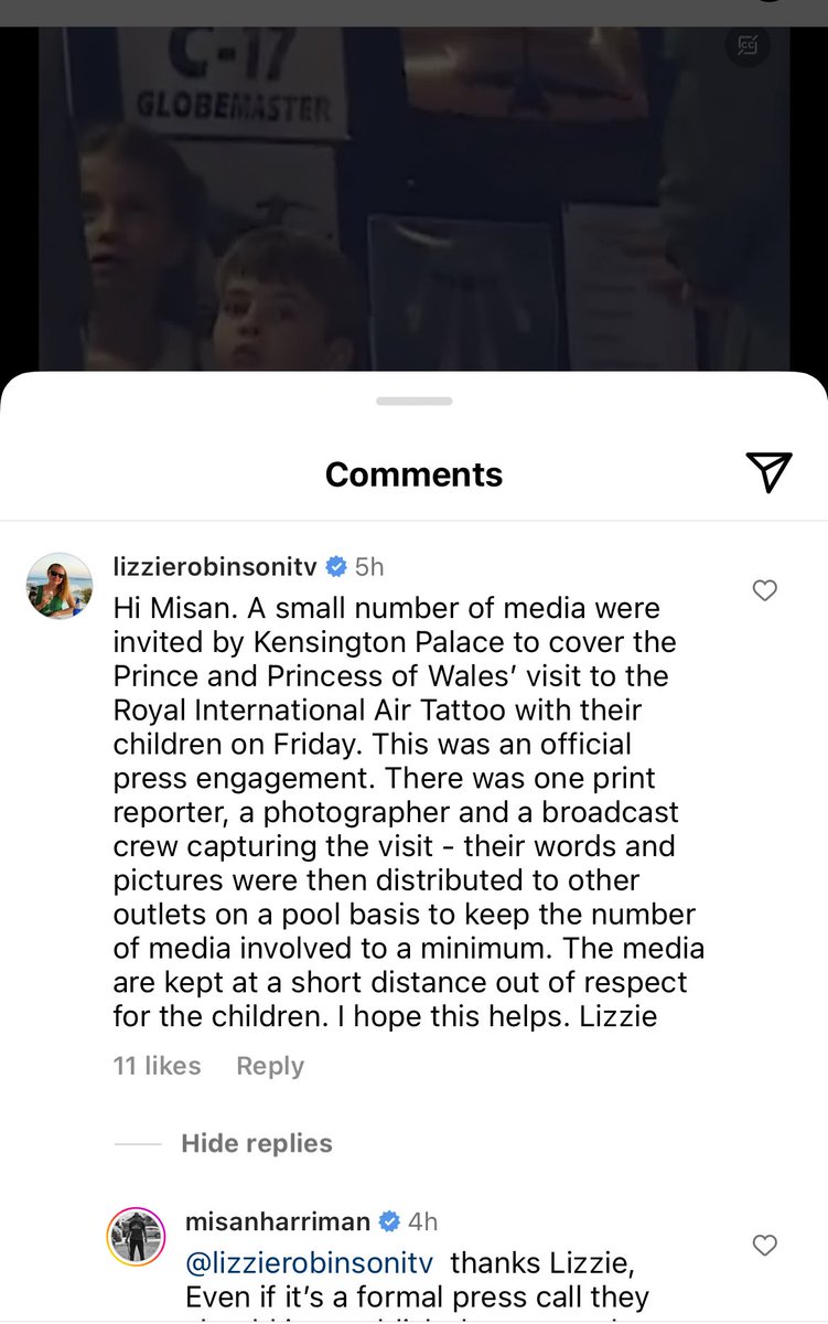 VampireGurrrl's tweet photo. Lizzie Robinson from ITV providing more information on how the Wales’ visit to the Royal International Air Tattoo on Friday was covered.  As you can see, the exposure of the children to the media was very limited.  #PrinceandPrincessofWales #PrinceWilliam https://t.co/dDL4ALCzCB