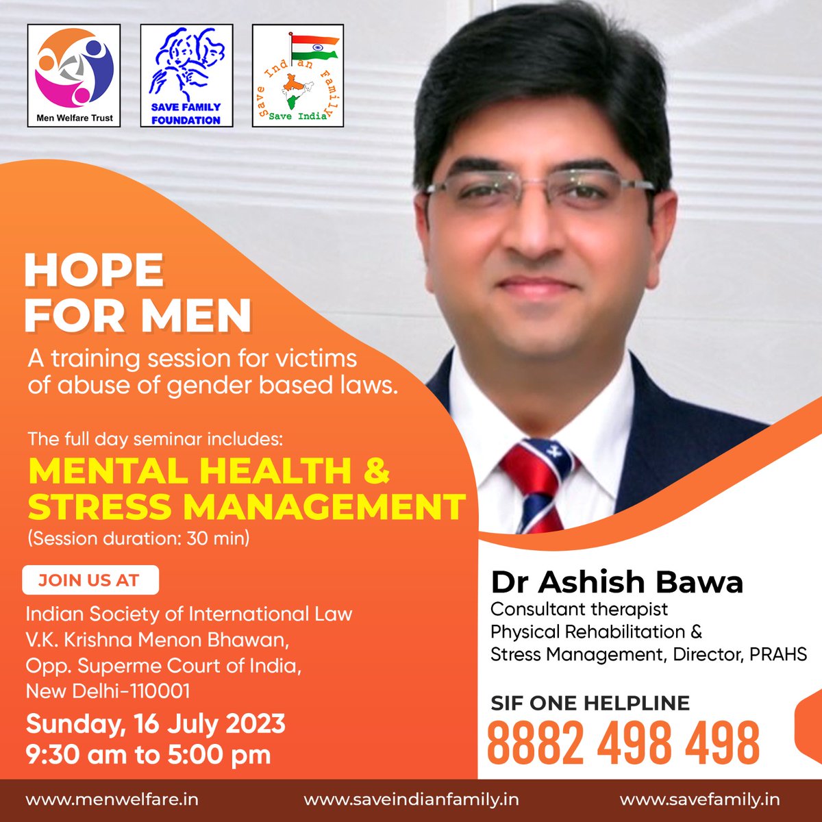 Susheel_Kataria's tweet image. Please join legal seminar tomorrow 

Variety of programs to deal with misuse of law by women's.

Mental health and stress management  session for 30 minutes.

#HopeForMen 
#GenderBiasedLaws 

@KumaarSaagar @airnewsalerts 
@PTI_News @ZeeNews @BBCHindi @News18India