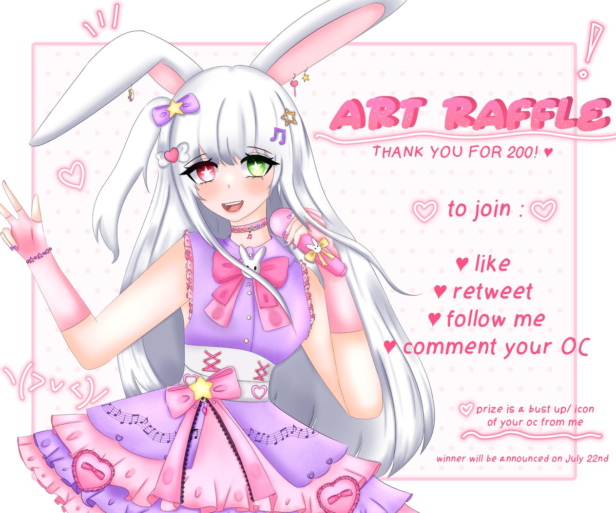 ART RAFFLE TIME! (>_<) ! -- ✩ 
Thank you for 200 ♡
one random winner will get a bust up/ icon art 

♡ like, retweet, follow &amp; comment your oc to join 
ends: july 22nd ˚ ༘♡ ⋆｡˚ ❀

goodluck! (∩˃o˂∩)♡
#artraffle #arttwt #artmoots #artgiveaway