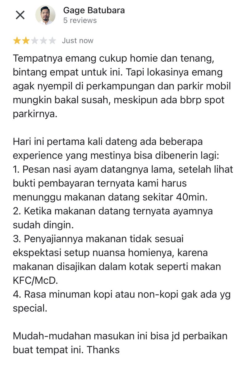 Sekarang lebih sering kasih review di Google Map emang tujuannya biar ada perbaikan.
