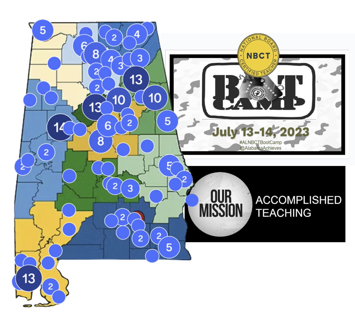 mjshields's tweet image. Over 200 teachers from all over our great state participated F2F and virtually in this week&apos;s #ALNBCTBootCamp. We asked them to pin their hometowns on this map, and wow, it lit up!  How exciting to see so many teachers come together to grow #AccomplishedTeaching in Alabama!