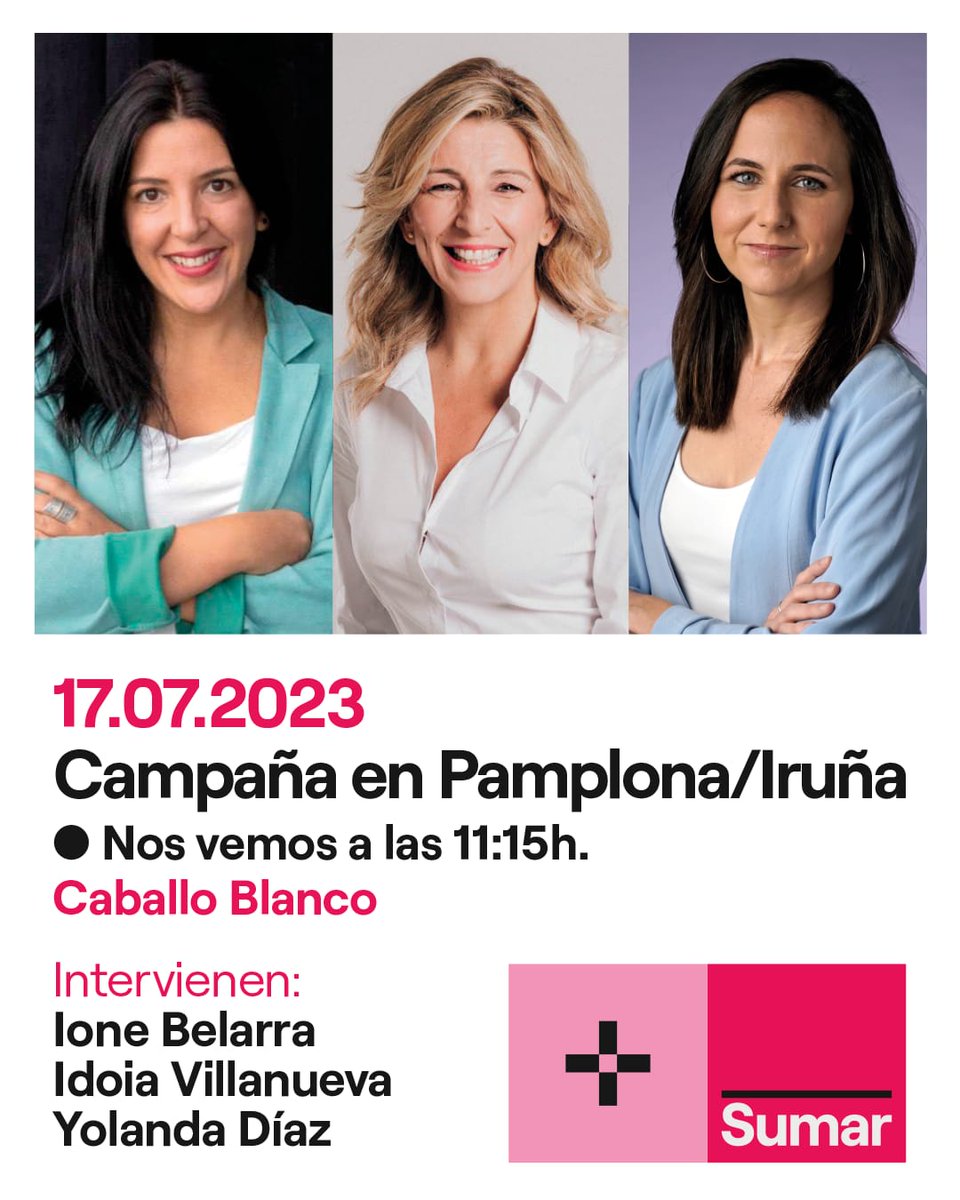 El lunes tenemos una cita en Pamplona/Iruña con <a href="/Yolanda_Diaz_/">Yolanda Díaz</a> <a href="/ionebelarra/">Ione Belarra</a> y nuestra candidata <a href="/IdoiaVR/">Idoia Villanueva</a> .
Astelehenean Iruñean <a href="/Yolanda_Diaz_/">Yolanda Díaz</a> <a href="/ionebelarra/">Ione Belarra</a> eta <a href="/IdoiaVR/">Idoia Villanueva</a> gure hautagaiarekin  ekitaldia izango dugu.
¡Nos vemos! Ikusten gara! 
#SumarNavarra #ContigoZurekin
