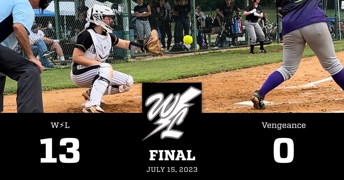 W⚡️L defeated Vengeance Sat due to a big 2nd inning.   @WL_jaydenford34 hit in 1 on a 1B, @hadleyrena10 scored 1 on a FC, <a href="/rileymcmillan06/">Riley McMillan</a> hit a 3 run HR, @lorawilgus scored 1 on a 3B, <a href="/lelabyrd22/">Lela Byrd</a> scored 1 on a 2B, <a href="/alytaylor166/">aly taylor</a> scored 1 on a 1B, &amp; <a href="/Nitcznski23/">Sydney Nitcznski</a> had 3 RBIs on a 1B