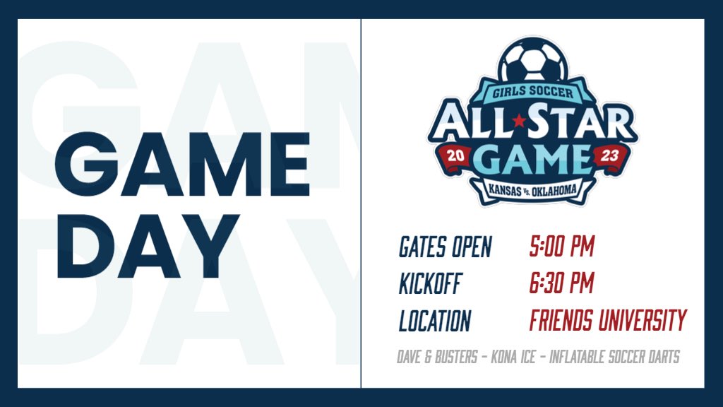 𝐈𝐭’𝐬 𝐆𝐚𝐦𝐞 𝐃𝐚𝐲!! 

𝐀𝐥𝐥 𝐒𝐭𝐚𝐫 𝐆𝐚𝐦𝐞 - 𝐇𝐢𝐠𝐡 𝐒𝐜𝐡𝐨𝐨𝐥 𝐆𝐢𝐫𝐥’𝐬 ⚽️ 
𝐊𝐀𝐍𝐒𝐀𝐒 𝐕𝐒 𝐎𝐊𝐋𝐀𝐇𝐎𝐌𝐀

⏰- 6:30pm kickoff 
📍- Friends University, Wichita, KS 
🎟- Cash or card at the gate 
🖥- kcacnetwork.com/friends/
(No commentary)