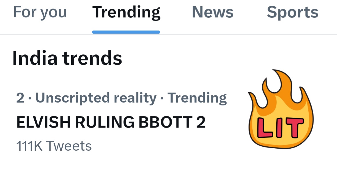 ShubhamTharwani's tweet photo. "ELVISH RULING BBOTT 2" trending with 111k tweets in the trending list on No.2. 😍🔥 Retweet if you wish to see that on No.1. #ElvishYadav #BBOTT2 https://t.co/B6v7Sg6SfO