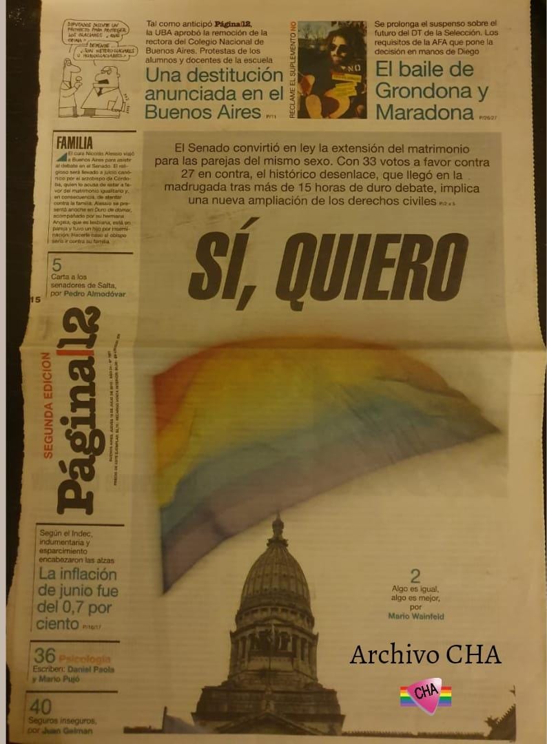 El 15 de julio de 2010 el <a href="/SenadoArgentina/">Senado Argentina</a> sancionó el #MatrimonioIgualitario
El 21 de julio de 2010, la Presidenta <a href="/CFKArgentina/">Cristina Kirchner</a> promulgó la Ley  

El 30 de julio los registros civiles de todo el país casaban a las parejas de nuestra Comunidad

La histórica gesta de una épica