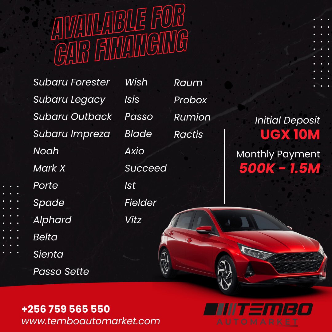 🤯 With just a 10M initial deposit and a 2-year payment plan on monthly installments, we make owning your dream car easier than ever.

Check out our listing:
temboautomarket.com/car-listing

#TemboHotDeal #DriveNow #PayLater