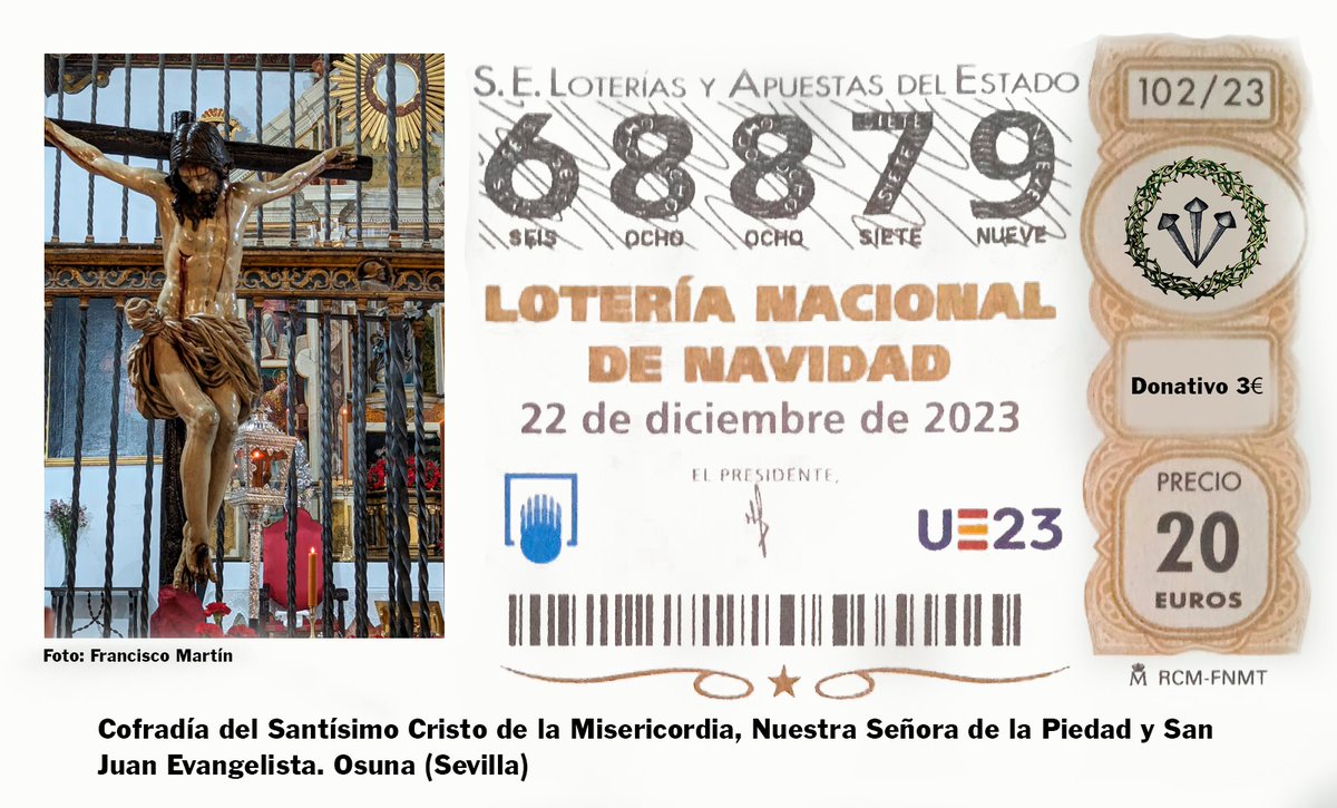MisericordiaOsu's tweet photo. Como cada mes de julio, ya tenemos disponible a la venta nuestro décimo del Sorteo de la Lotería de Navidad 2023.
Mucha suerte y que el Santísimo Cristo de la Misericordia os guarde y acompañe siempre. https://t.co/v4oA6sszB4