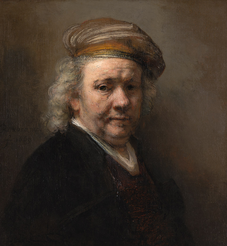 Rembrandt was born #OnThisDay in 1606. While he made many stupendous paintings, one of my favorites is this self-portrait @mauritshuis—perhaps his very last one—in which he fixes us with an unsparing & weary gaze, the turban atop his head conjured from a few bravura paint strokes