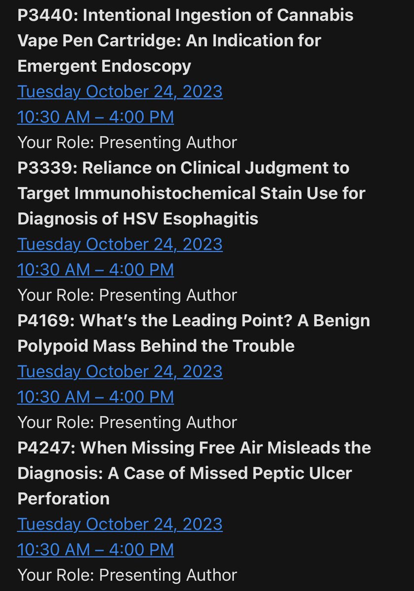 Super excited 💃🏻and thrilled to share that I will be the presenting author of 7 abstracts <a href="/AmCollegeGastro/">ACG</a> #ACG2023

Could not have been possible without the help and support of the amazing people around me <a href="/KUSM_Wichita/">KU School of Medicine-Wichita</a> 🤗

#GITwitter #WomenInMedicine #MedTwitter