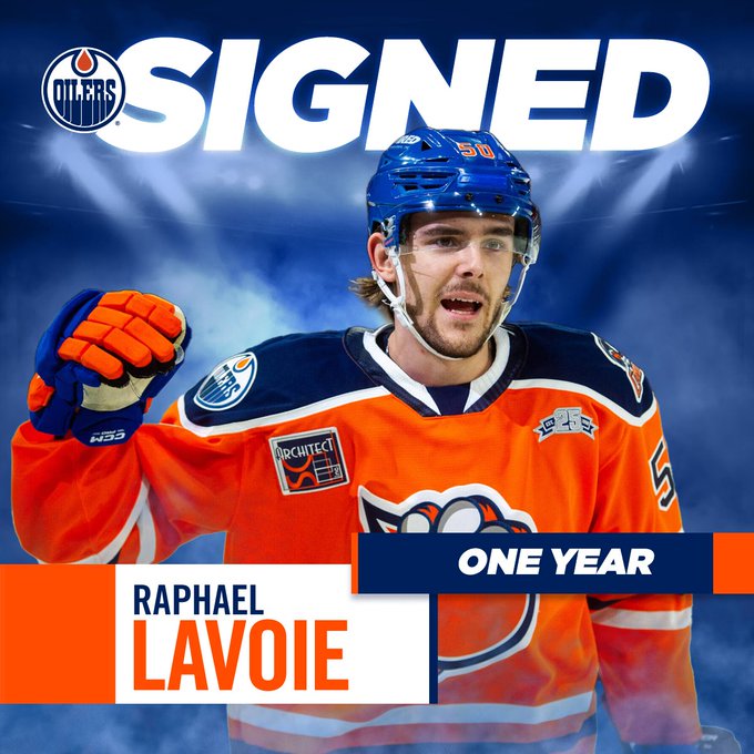 Graphic saying Raphal Lavoie has signed for one year with a photo of the forward playing for Bakersfield.