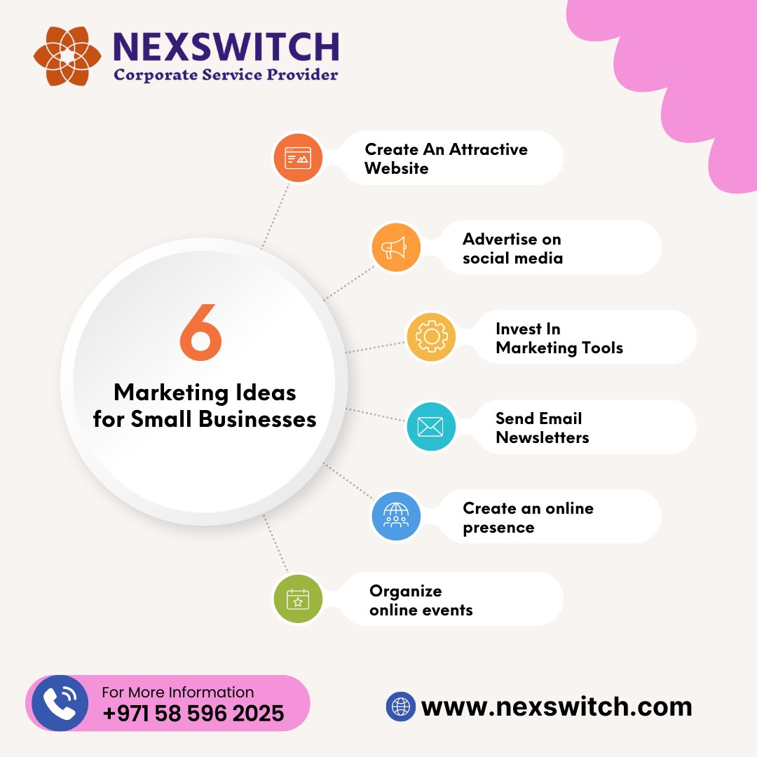 6 marketing ideas for small businesses:

#MarketingIdeas #SmallBusiness #OnlineMarketing #BusinessGrowth #Nexswitch #DubaiBusinessSetup #BusinessSetupDubai #DubaiEntrepreneurs #StartUpDubai #BusinessOpportunities #DubaiBusinessCommunity #BusinessConsulting #CompanyFormation