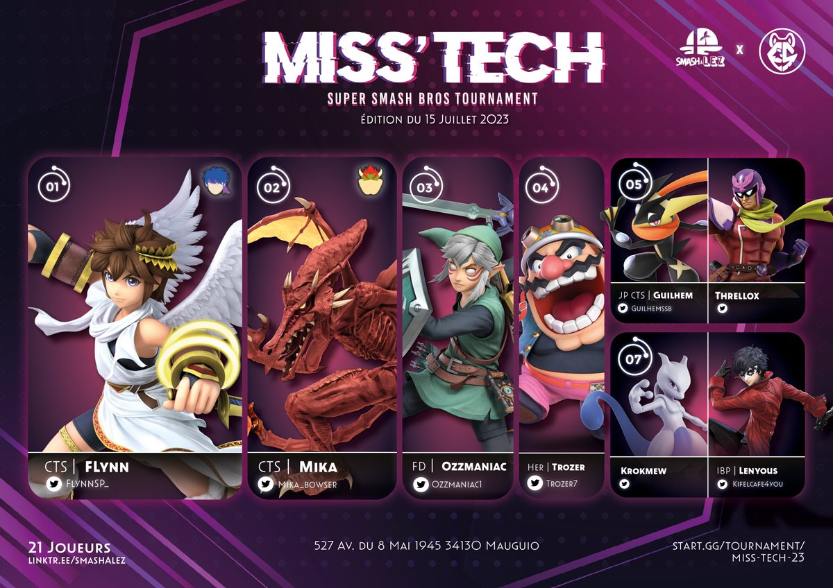 SmashALez's tweet photo. C’était la Miss’Tech #23 !
Et c’est @FlynnSP_ qui remporte cette Weekly grâce à un reset face à @Mika_Bowser !

🥇@FlynnSP_ 
🥈@Mika_Bowser 
🥉@Ozzmaniac1 
4️⃣@Trozer7 
5️⃣@guilhemssb et Threllox
7️⃣Krokmew et @Kifelcafe4You 

A la prochaine ! https://t.co/C4pONfAyp3