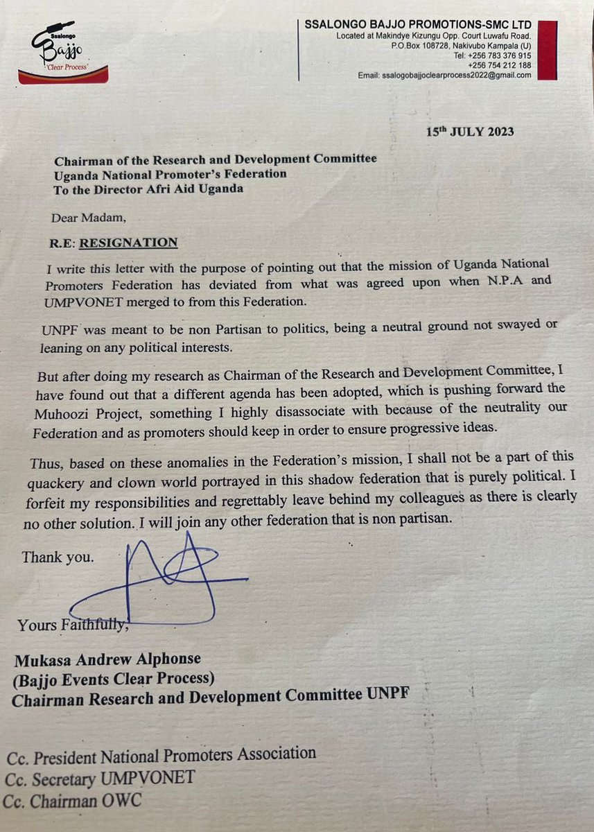 KaiyzOfficial's tweet photo. Just In :Motormouth promoter and Political activist “professor” Bajjo @AlfonseMukasa resigns from promoters federation that was formed a few months ago he  alleges that the group is aimed at promoting the first sons political career and  swindle tax payers money https://t.co/EKJXqy6Lb5