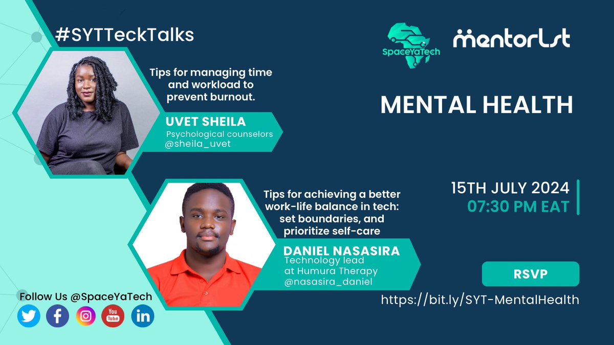 SpaceYaTech's tweet image. 📢 Join us for Mental Health Awareness session #SYTTechTalks! 🌟

🗓️ Date: Tonight 
⏰ Time: From 7.30pm EAT

🎙️ Tips for managing time and workload to prevent burnout.
💼 Speaker: @Sheila_Uvet, Psychological Counselor at @hopewellfirm 

🔗 RSVP here: bit.ly/SYT-MentalHeal…