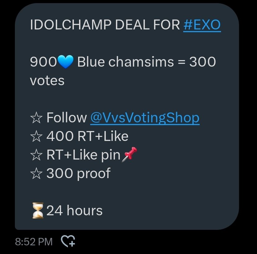 EXO-L THIS IS IDOLCHAMP DEAL FOR #EXO on Show Champion 19th July

🎁 900 chamsims (300 votes)

Rules:
☆ Follow <a href="/VvsVotingShop/">VVS 💎 KPOP Voting Shop & Sponsor</a> 
☆ 400 RT+Like on this tweet
☆ RT+Like their pin
☆ 300 proof

⏳24 hours

Please spread this EXO-L!