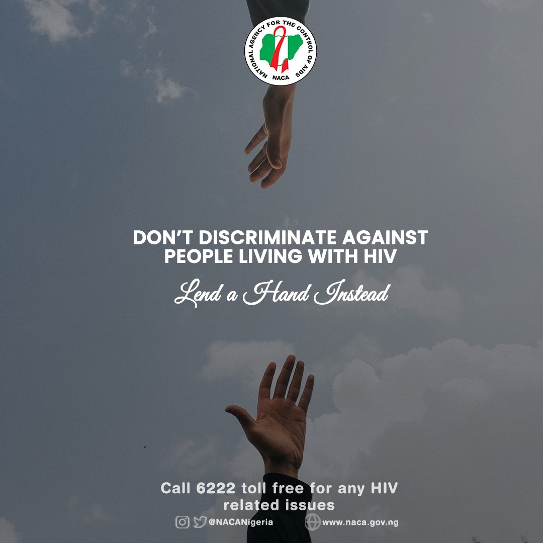 NACANigeria's tweet photo. Don’t discriminate against people living with HIV, lend a hand of care and friendship so they can get the care they need. 

Stopping HIV stigma and discrimination will reduce the spread of HIV. https://t.co/6vmk8JNNYQ