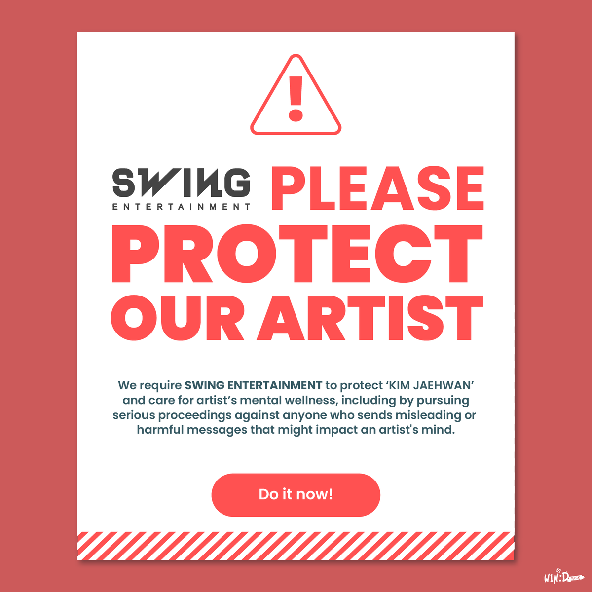 kjh_windpark's tweet photo. 📢 We require SWING ENT. @Official_SWING to protect ‘KIM JAEHWAN’ @KJH_officialtwt and care for artist's mental wellness, including by pursuing serious proceedings against anyone who sends misleading or harmful messages that might impact an artist's mind.

#김재환 #KIMJAEHWAN https://t.co/ARFZ7h5EY5