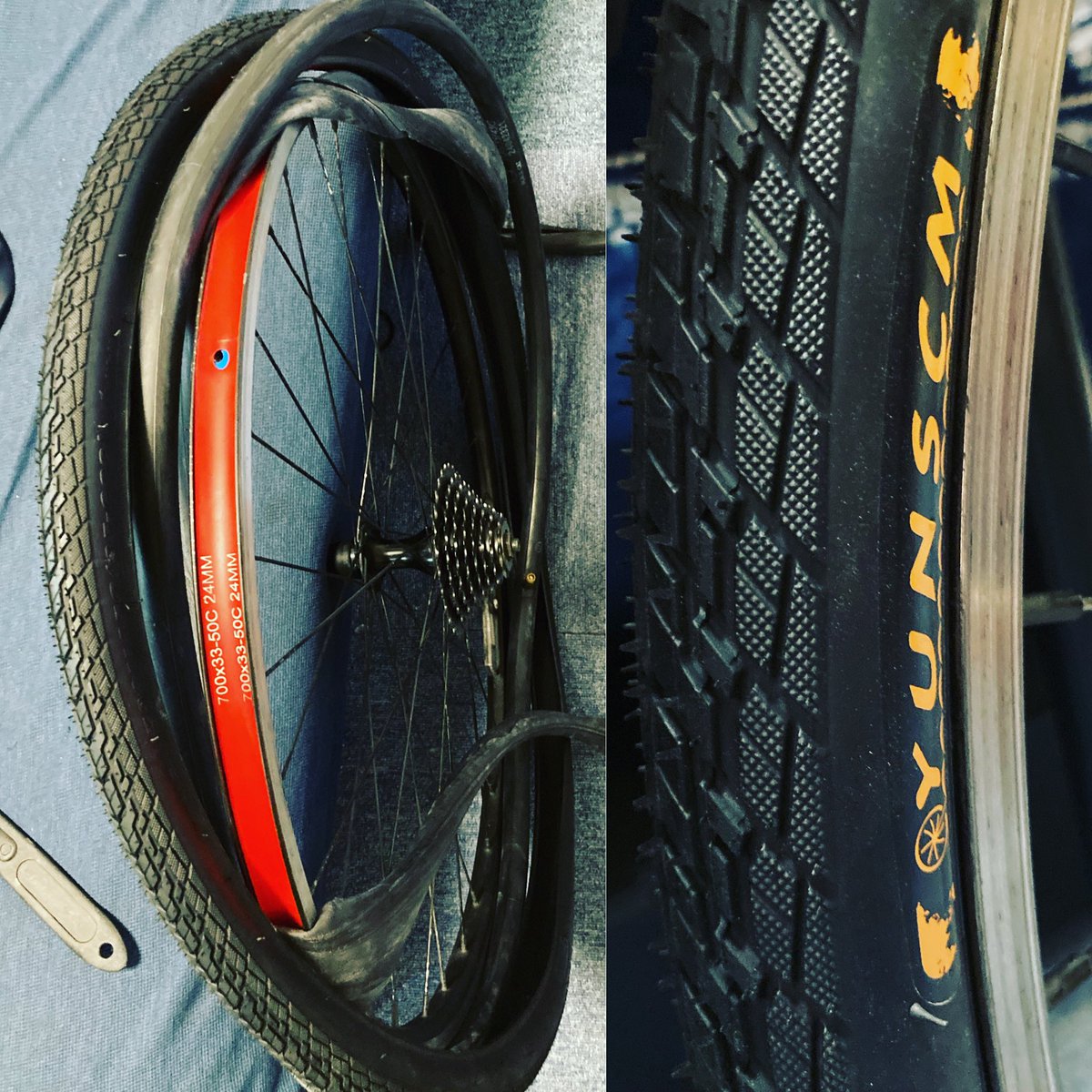 Dan_Kiko_Murray's tweet image. Installed impressive Chinese #tires and trying 2 cheap hacks: 1) use 2nd layer of #rimtape. 2) cut the old #innertube in half and wrap it around the new tube for cheap #punctureresistance. great for commuters and rough riders.  #bicyclecommuter #bicyclecommuting #cyclemaintenance