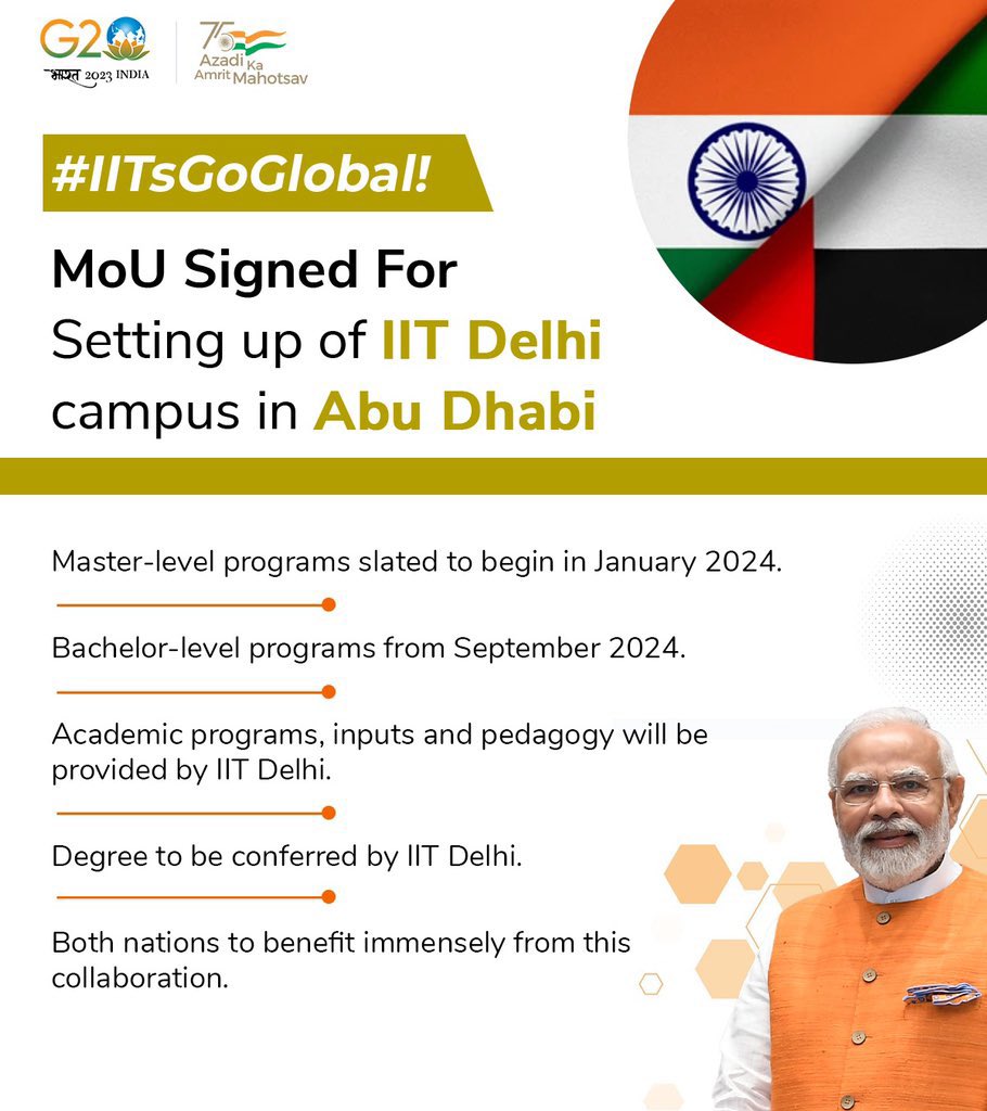 Sajwani's tweet photo. Historic !! 

India’s @iitdelhi 🇮🇳 now in Abu Dhabi 🇦🇪

In the presence of the UAE President and @PMOIndia, @ADEK_tweet has signed a strategic partnership with India’s Ministry of Education to establish the first international campus of(IIT-Delhi in Abu Dhabi. https://t.co/L3R0du2sNI