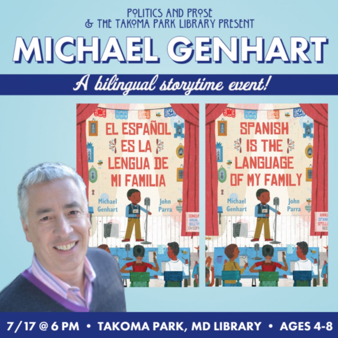 Politics and Prose (@politicsprose) on Twitter photo Monday, join @kidsandprose and @mgenhart at <a href="/takoma/">Takoma Park Maryland Library</a> for a bilingual storytime! Ft. "Spanish is the Language of My Family / El Español es la Lengua de mi Familia" - an intergenerational story of family ties, cultural pride, and spelling bee victories. bit.ly/3NTVXDd Monday, join @kidsandprose and @mgenhart at <a href="/takoma/">Takoma Park Maryland Library</a> for a bilingual storytime! Ft. "Spanish is the Language of My Family / El Español es la Lengua de mi Familia" - an intergenerational story of family ties, cultural pride, and spelling bee victories. bit.ly/3NTVXDd