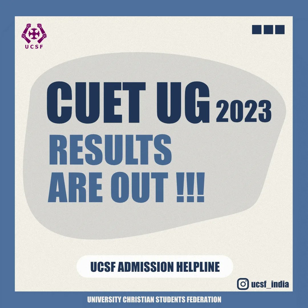 ucsfIND's tweet photo. CUET 2023 UG Results out....
Visit https://t.co/S61yQz7Fk5

#cuet2023
#UniversityChristianStudentsFederation
#UCSFIndia
#UCSF https://t.co/tL9qzGatct
