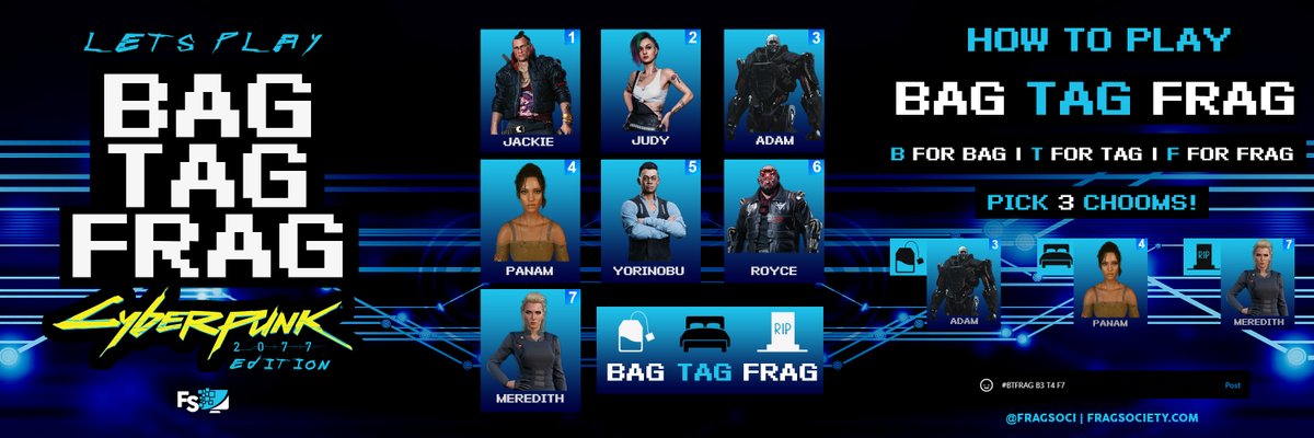 fragsoci's tweet photo. Presenting a new monthly game called Bag Tag Frag. Rules are simply, comment who you'd Bag, Tag, and Frag from the options in the picture. #BTFRAG B1 T2 F3 https://t.co/Q3M92ZSeeb