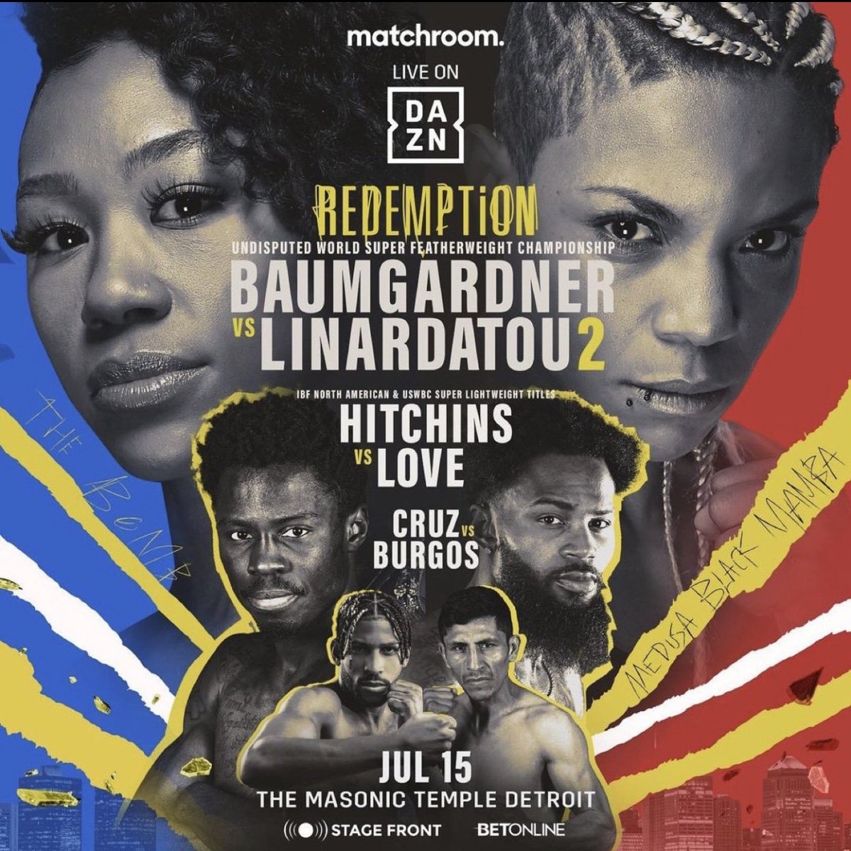 BoxaceGroup's tweet photo. 🥊 Fight Night in Detroit 🇺🇸

Alycia Baumgardner 🇺🇸 vs 🇬🇷 Christina Linardatou 2
 
🏆 Undisputed Super Featherweight Titles

📺 DAZN (US &amp; UK)

⏰ 8pm ET | 1am UK

#BaumgardnerLinardatou2 #Boxing #BoxingTwitter #Boxace https://t.co/EaJMYKgyXt