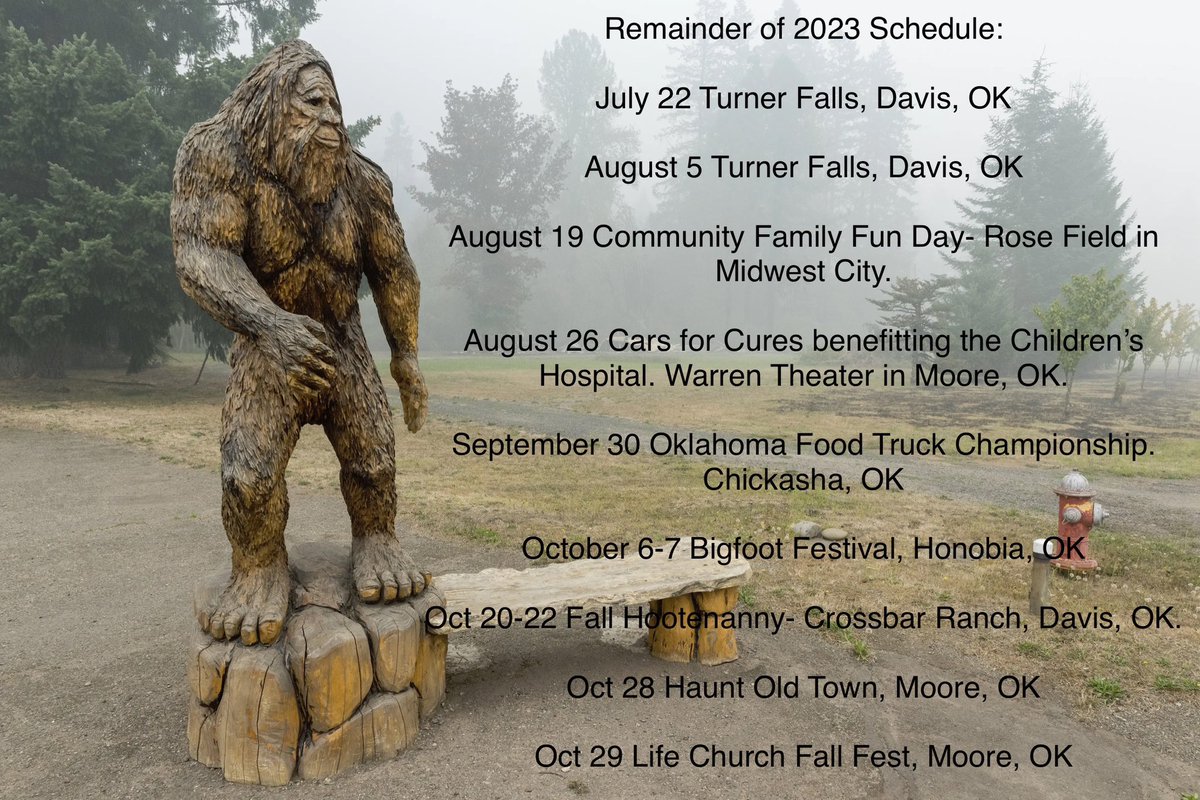 Remainder of 2023 schedule.
#squatchmoes #oklahoma #okbbq #okfoodtruckchampionship #okfoodtruck #okfoodtrucks #okfestivals #oklahomafestivals #bigfootfestival #honobia #mooreok #turnerfalls #davisoklahoma #davisok #chili #food #foodtruckfestival #foodtrucklife #foodtruckfood #okc