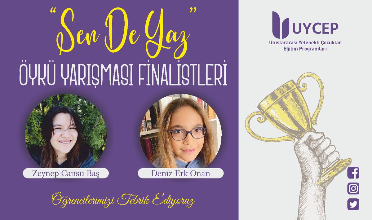Yarışmanın finalisti olan öğrencilerimizin öyküleri kitaplaştırılacaktır öğrencilerimizi tebrik ediyoruz , başarılarının devamı için her zaman destekliyoruz 📚
Web sitemize ulaşmak  için 👉🏻 uycep.com 
#uycep  #uycepliyiz #üstünzeka #üstünyetenek #sendeyaz #yarısma
