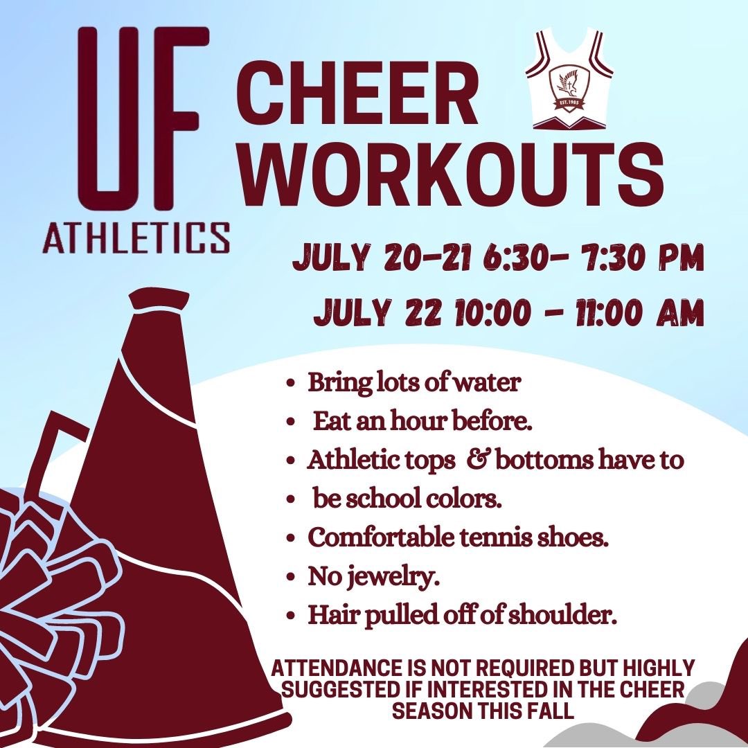 UFCA_Athletics's tweet photo. GO FALCONS GO!
After a great interest meeting, Falcon Cheer Workouts will begin Thurs 7/20! Attendance is NOT MANDATORY but ENCOURAGED for all who desire to cheer this year! If you have questions, email Coach Ice at iceland.alston@ufca.org #FalconCheer #UFCACheer #FaithWay https://t.co/VtthyZKnSG