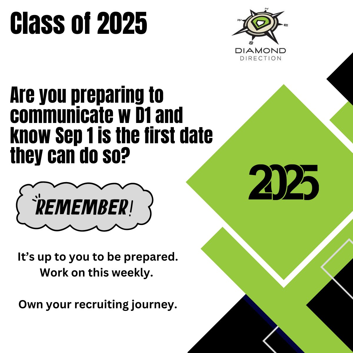 Recruiting Tips 🤌🏽🤌🏽
Recruiting isn’t your parent's job. It’s not your coach's job. It’s your job. Sure they can all help you, but what are you doing weekly and monthly for your journey?

Hope these tips help you! 
#diamonddirection #softball #recruiting