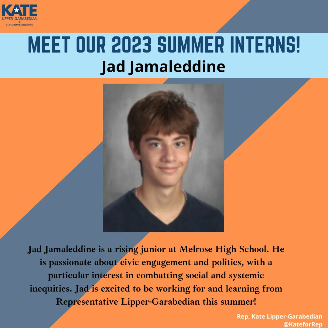 KateforRep's tweet photo. Next up on #TeamKLG Summer 2023 intern rollout: #MelroseMA's Jad Jamaleddine! Jad is a rising junior at @MelrosePS High School and is passionate about civic engagement and politics, with a particular interest in combatting social and systemic inequities. Welcome, Jad! https://t.co/ZyTiyqZcv0