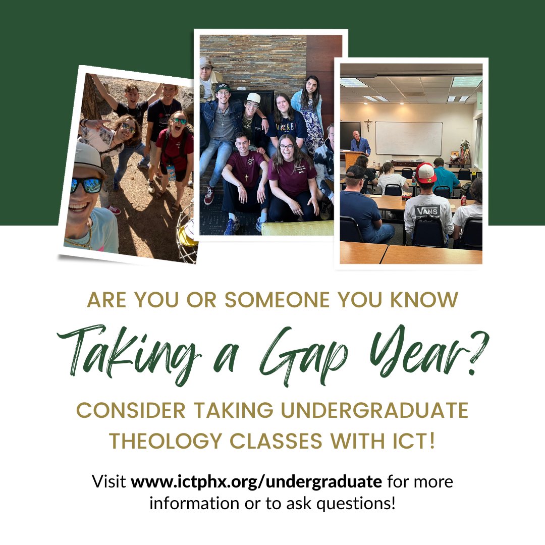 ictphx's tweet photo. Are you taking a gap-year between High School and College? ICT offers undergraduate Theology courses, where you'll: Grow in your faith and love of Christ, be strengthened for college, and beyond, meet new friends, and earn college credit!
Learn more at https://t.co/8f41E8h9aq https://t.co/mcCRJo4mVv