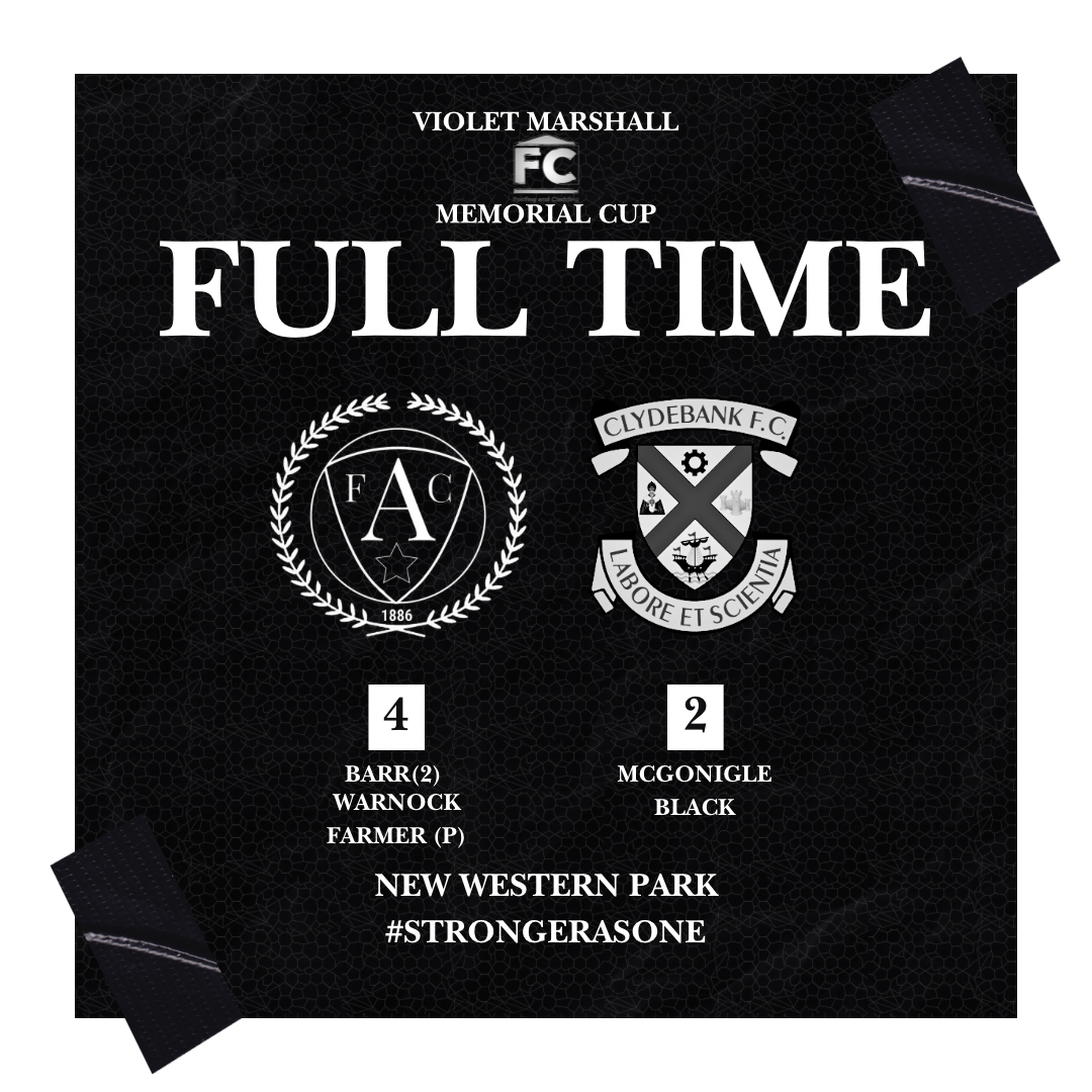 Full Time Result

Ashfield FC 4-2 Clydebank FC

Goals: Barr (2,) Warnock &amp; Farmer (pen.)

#StrongerAsOne

⚫️⚪️🔴