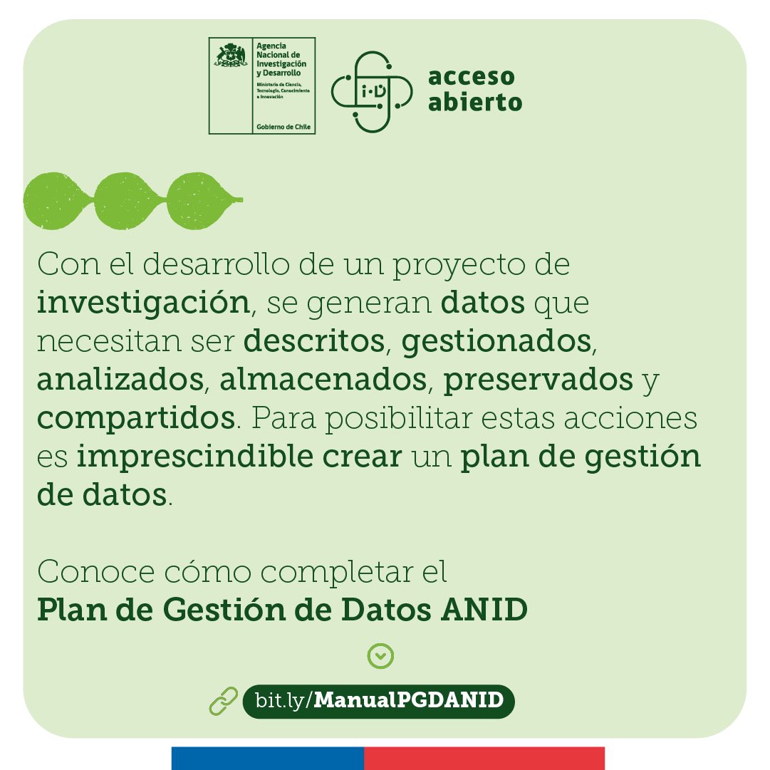 ANID_Abierta's tweet photo. 🟢 ¿Sabes qué es y cómo crear el Plan de Gestión de Datos promovido por la @ANID_Abierta? 

✔️Diseñamos un manual para facilitar este proceso. Te invitamos a revisarlo, descargarlo y compartirlo ⬇️

🔗 https://t.co/EyepHCyzjS https://t.co/KbcRdg17Pm