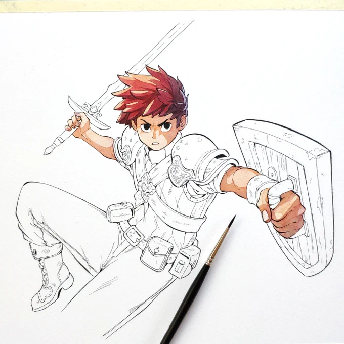 Then watercolor starting by the skin, and working on similar tones to save time (brown, orange red), then finishing with cold colors. The background is painted aside and assembled with the character on Photoshop, I think that's the first time I proceed this way, huge time saving. 