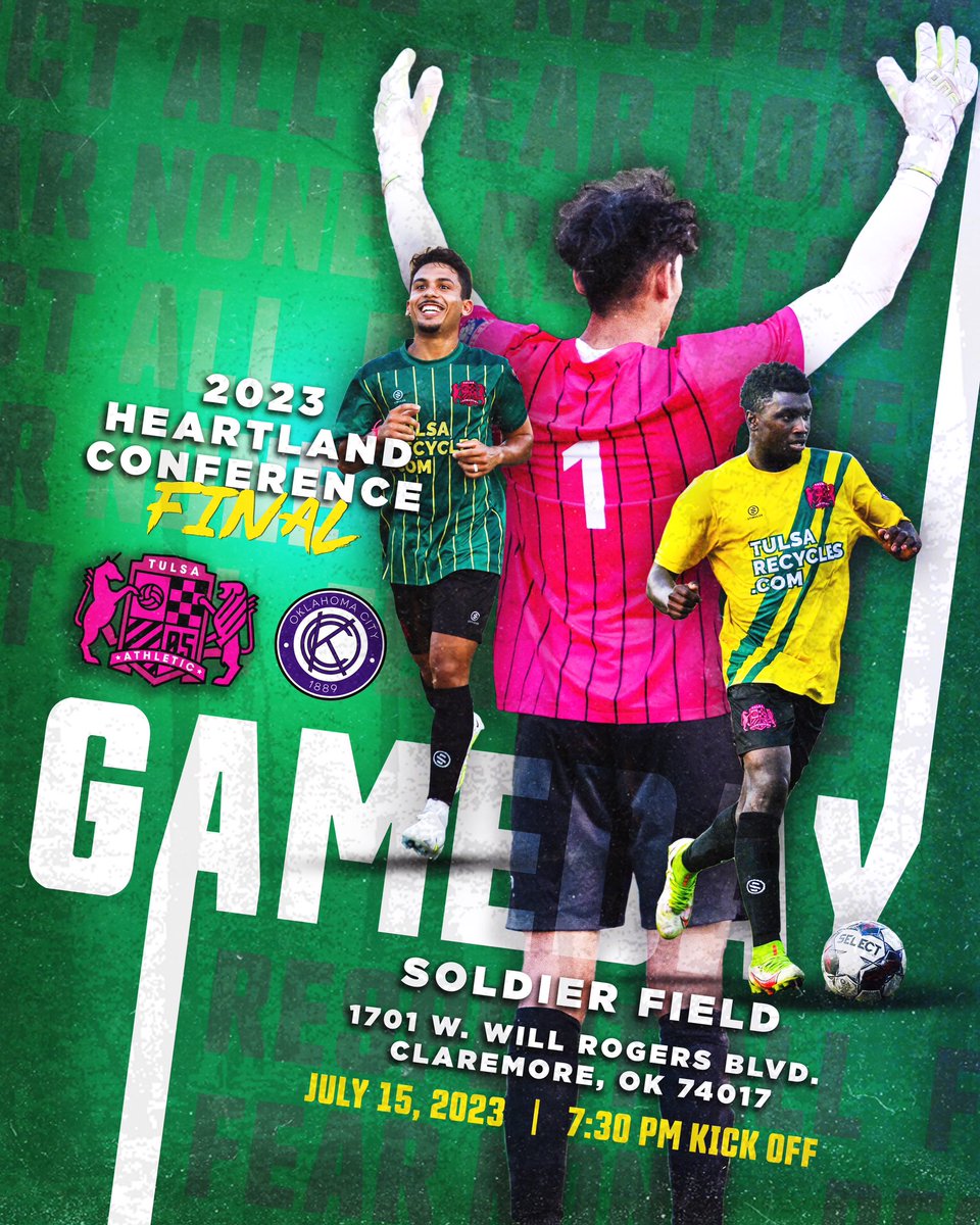 GAMEDAY! 
Heartland Conference Championship
🆚 @OKC1889 
📍Soldier Field at @RogersStateU 
⏰ 7:30 p.m. 
🎟️ - $5 at the gate 
🎥 - Tulsa Athletic YouTube 
#TTID