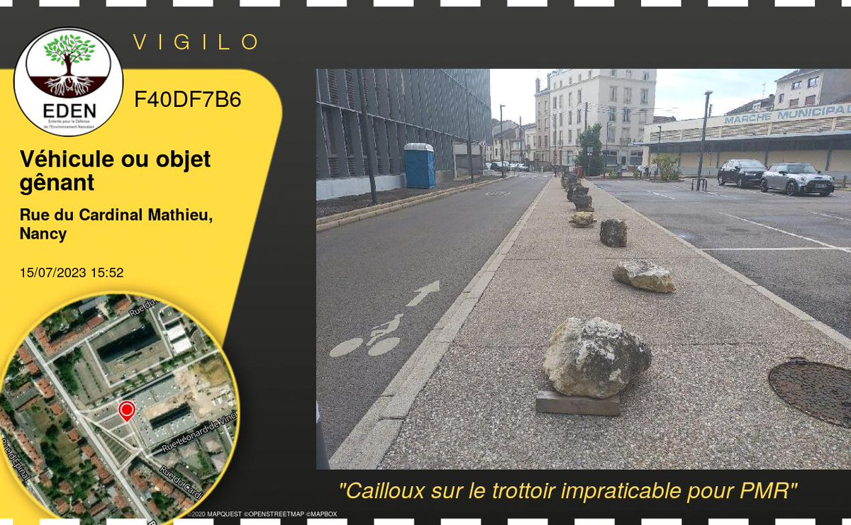 VigiloNancy's tweet photo. Cailloux sur le trottoir impraticable pour PMR à #Nancy (Véhicule ou objet gênant - F40DF7B6) https://t.co/RWFa2fkC4T